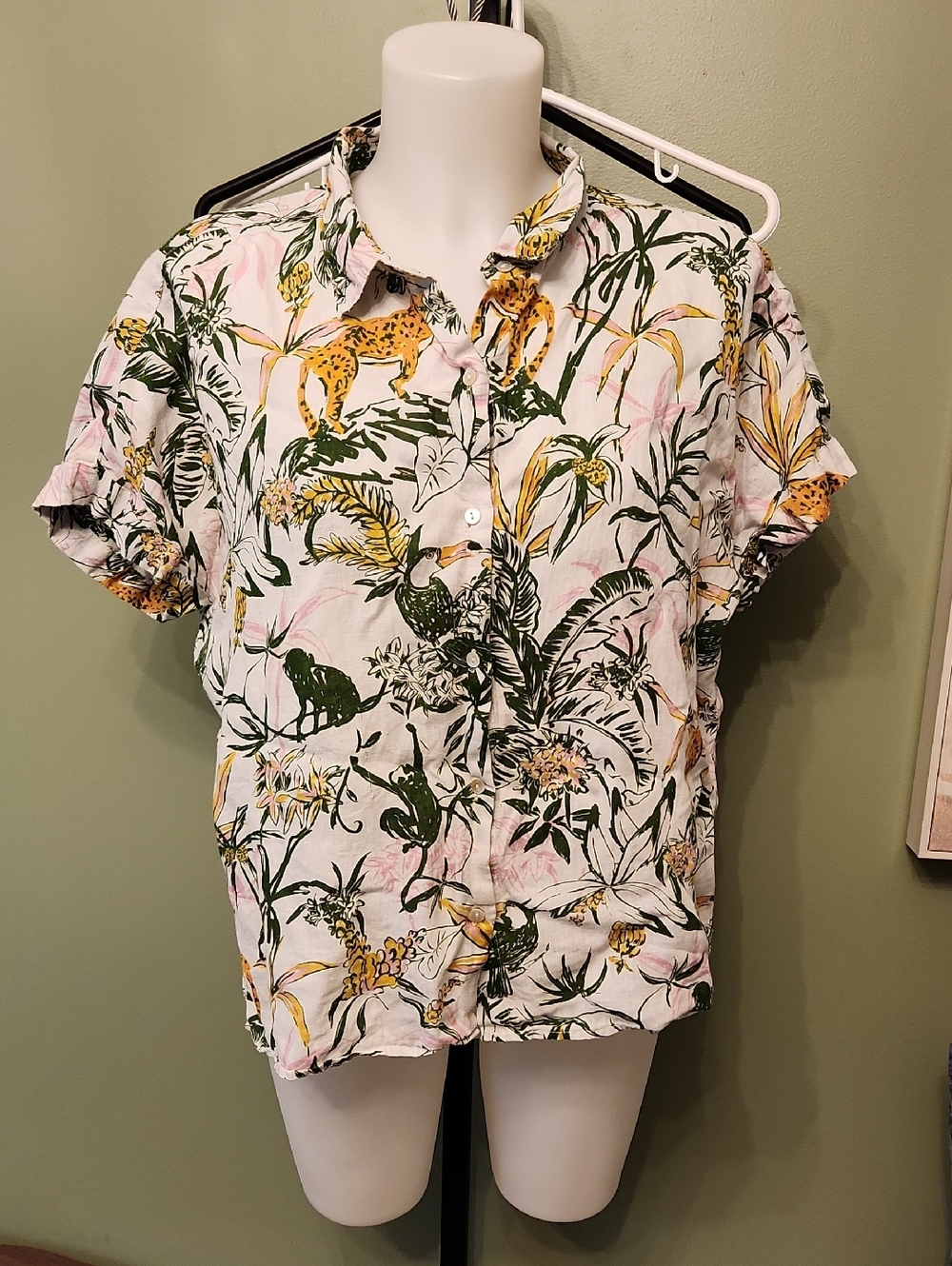 Rachel Zoe White Linen Tropical Print Button-Up